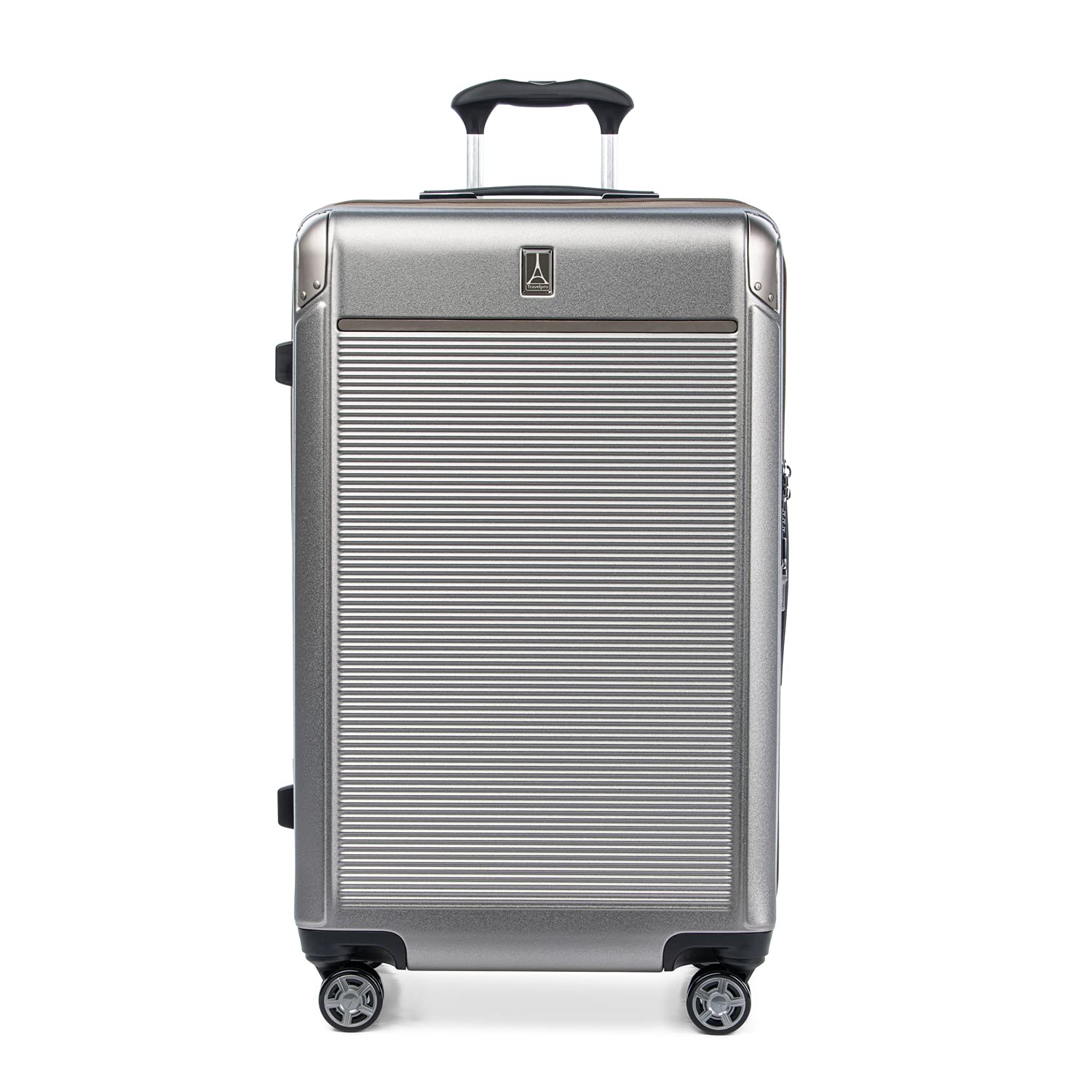 Travelpro Platinum Elite Hardshell expandable universal Wheel Suitcase TSA Lock Hardshell polycarbonate suitcase, Metallic sand, Checked- Large 8-Inch, Platinum Elite hardshell expandable cardan Lugga