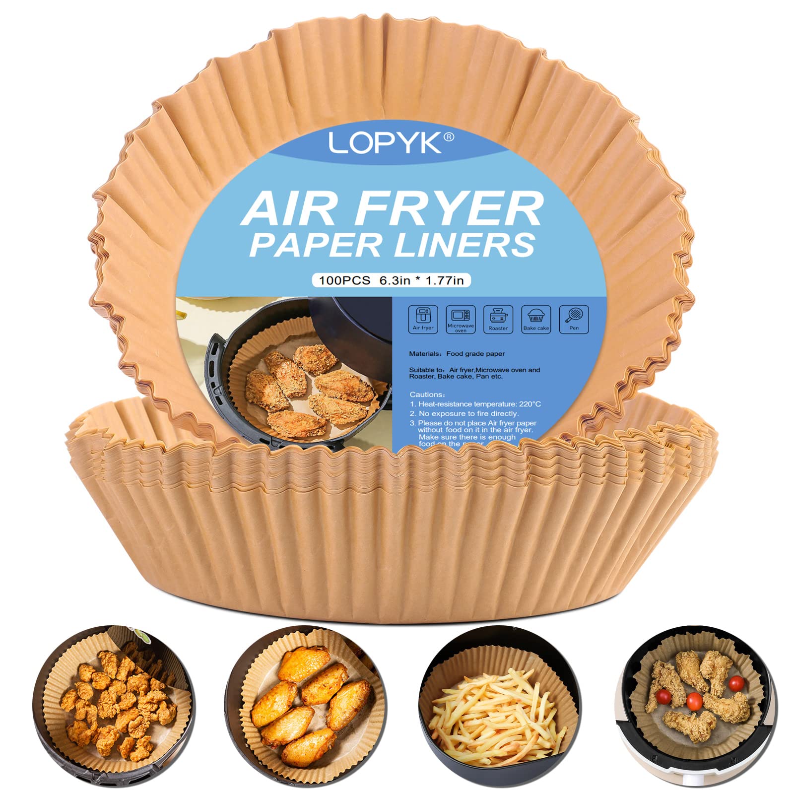 Air Fryer Single-use paper liner,100 pieces, non-stick, food-grade, greaseproof parchment paper, for frying, cooking, baking 3-5 quart air fryers and microwaves (6.3 in.)
