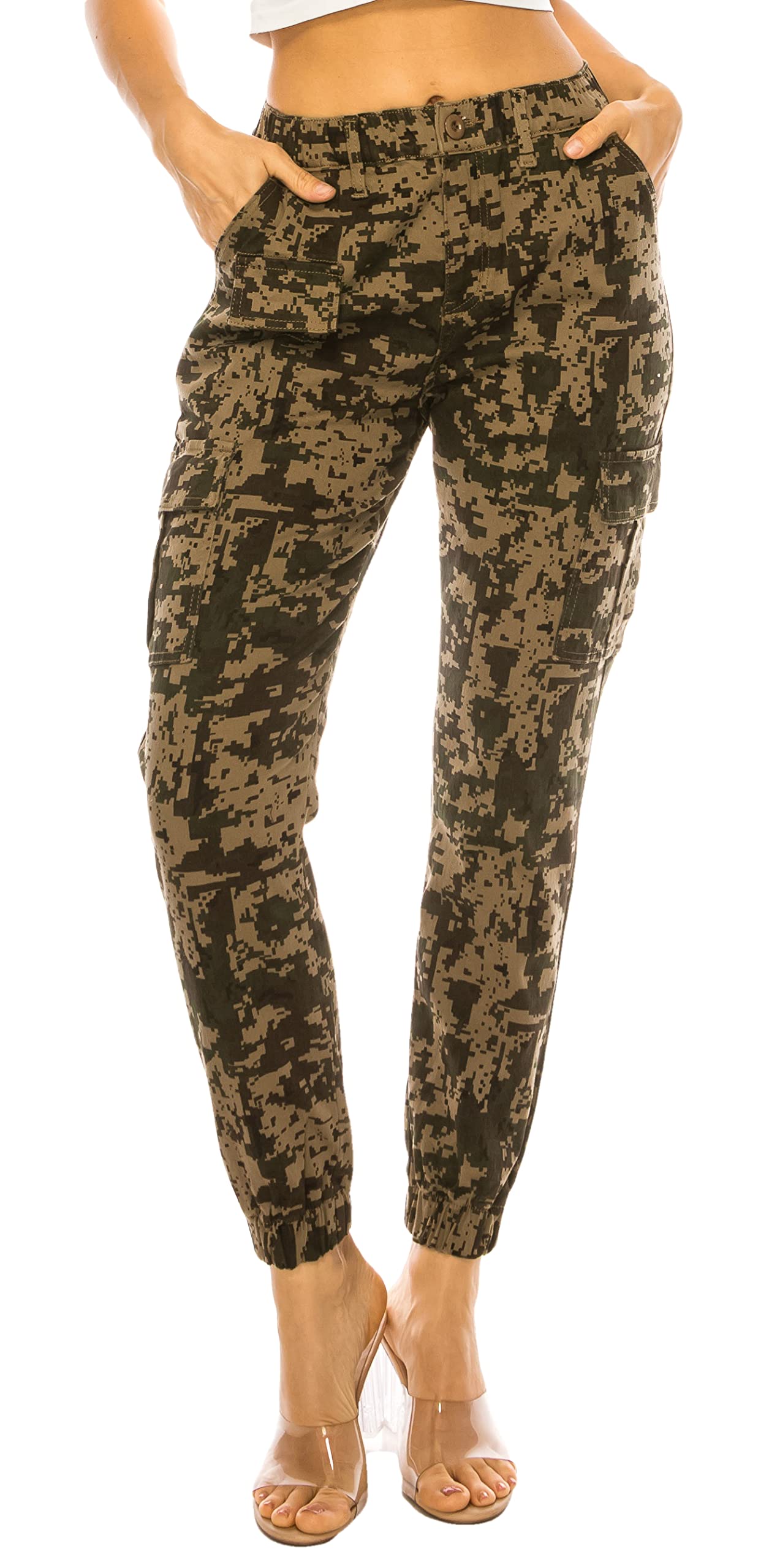 Women's high-waisted jogging pants - Casual cargo elastic Belt Sweatpants Taper * with 6 pockets