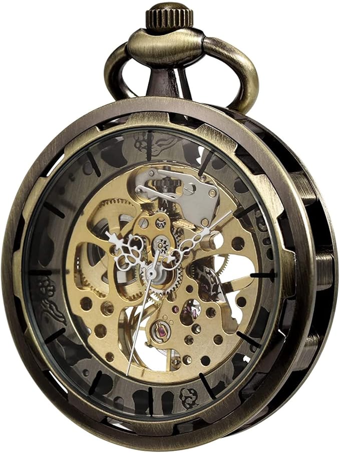 vigoroso 男式经典蒸汽朋克怀表金色骷髅手上链机械手表盒装