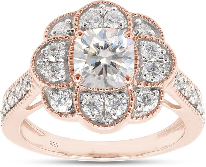 5 克拉主钻 6 毫米枕形切割实验室生产的莫桑石钻石花卉光环订婚戒指