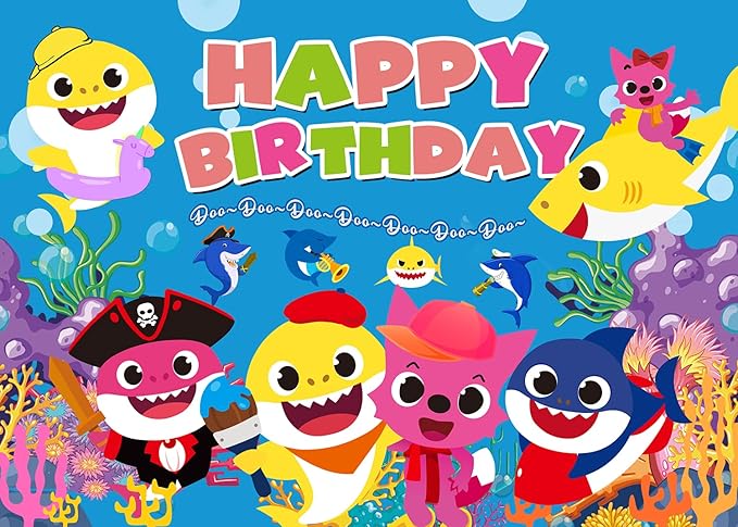 baby shark 背景可洗涤纶蓝色海洋主题卡通婴儿鲨鱼生日装饰背景 适合