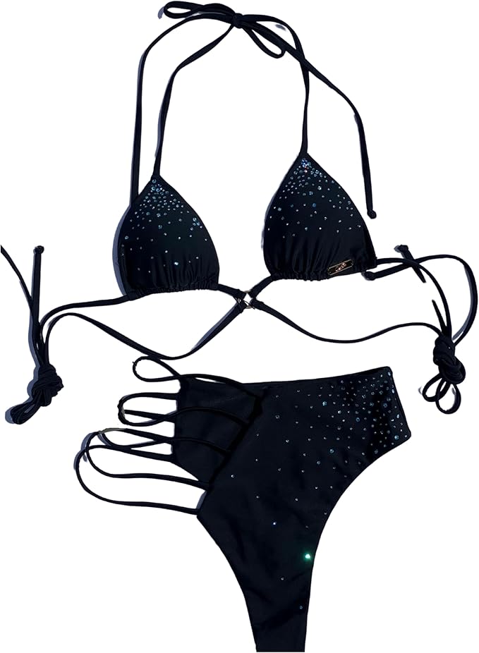 crystal art 女式 lola lust 黑色三角形厚脸皮水晶时尚比基尼套装,由