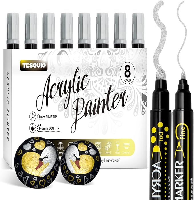 tesquio 银色油漆记号笔,8 支装双头丙烯酸颜料笔,非常适合木材,岩石