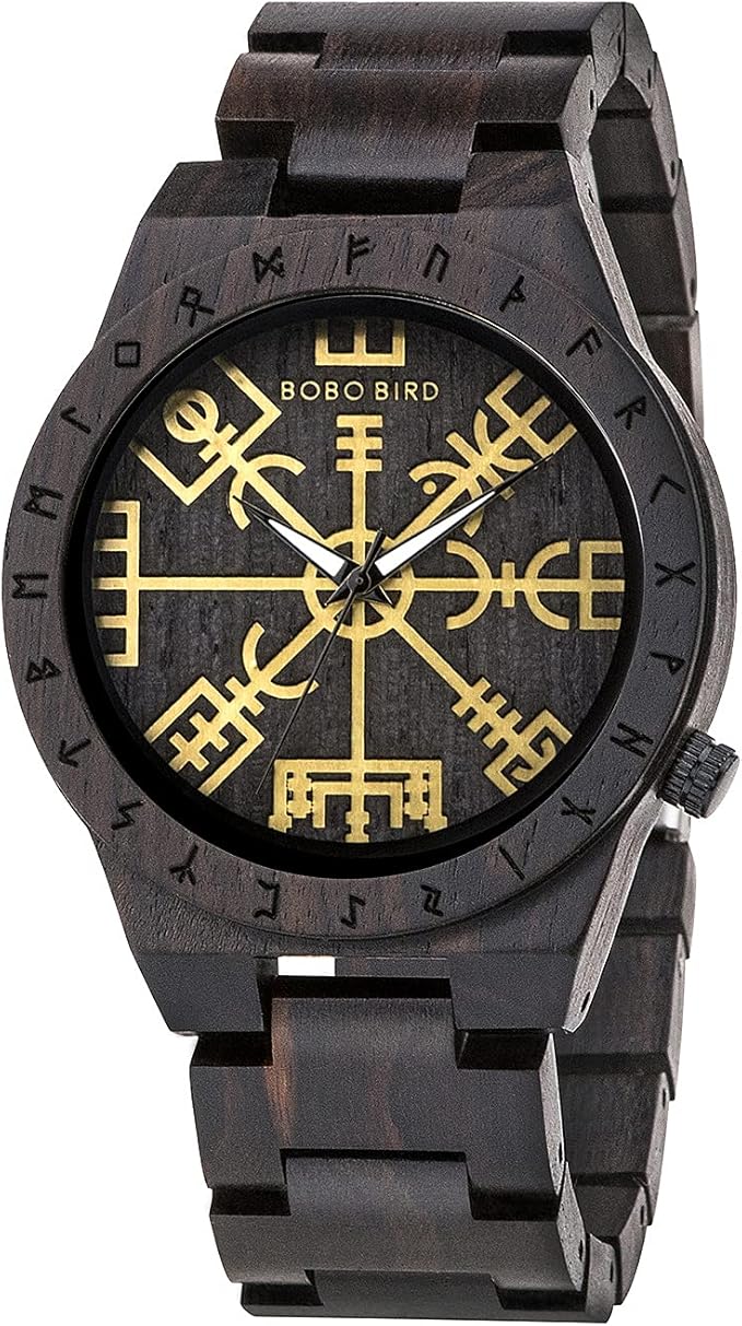 bobo bird 手工木制男士手表独特 runic 圆形手表金色符号 vegvisir
