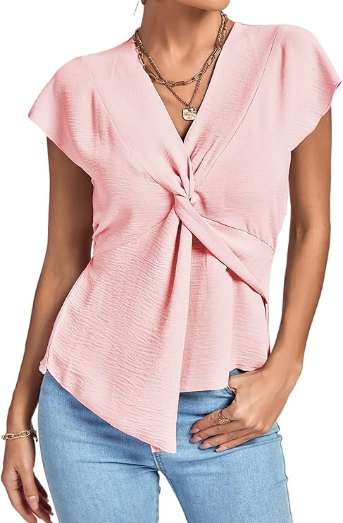 umenlele 女式 v 领短袖扭褶前开式荷叶边衬衫上衣