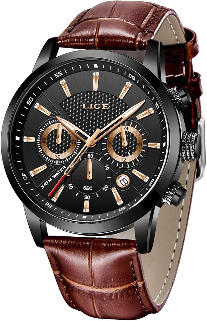 lige 男式手表时尚简约皮革模拟石英手表男士经典休闲商务超薄圆形