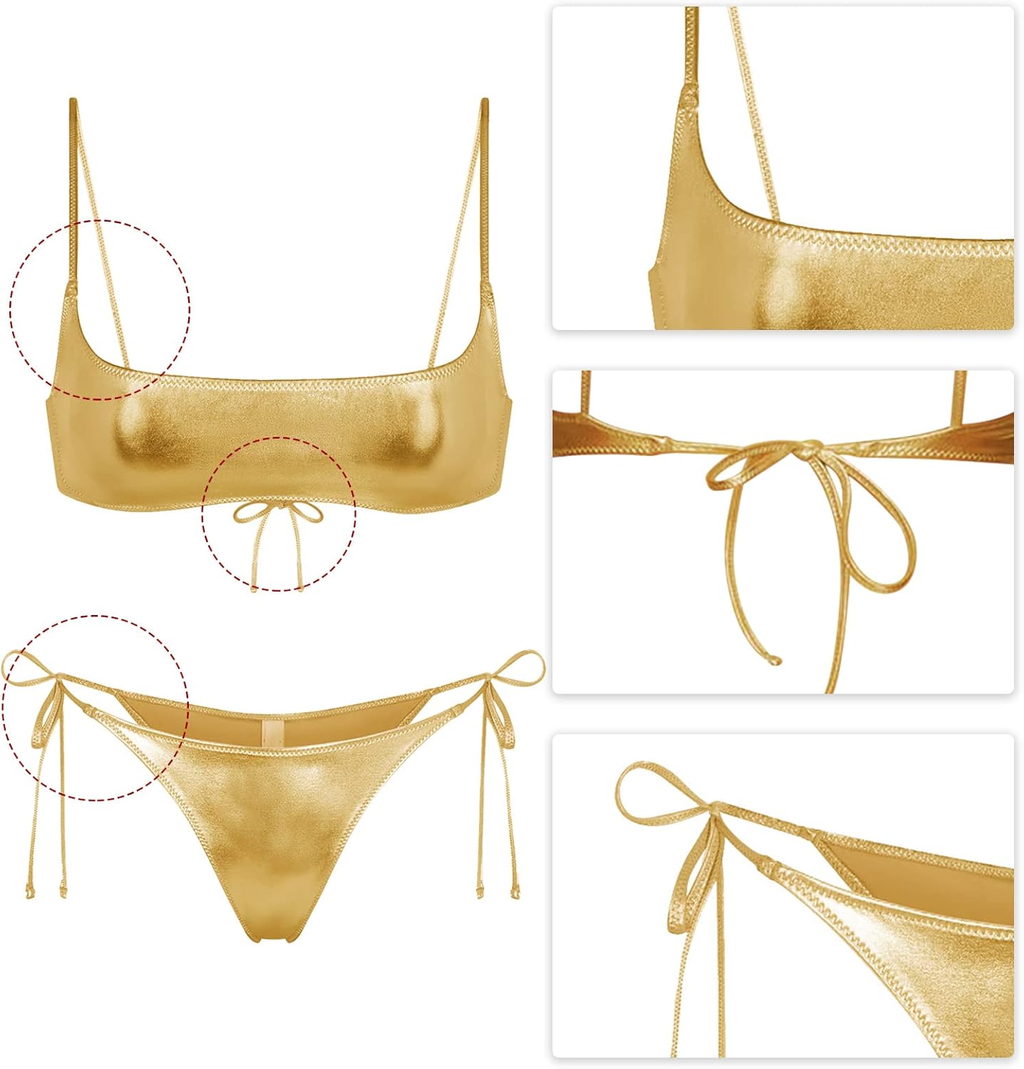 女式金属比基尼套装 - 性感复古闪亮泳装狂欢套装微低圆领上衣系带侧