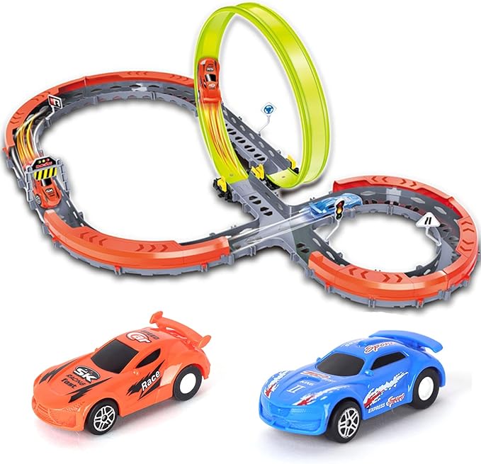 赛车轨道套装,组装汽车轨道玩具,含 27 件积木套件,2 辆高速赛车,360
