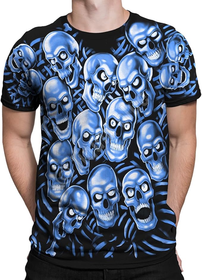 液体蓝色骷髅头堆蓝色幻想全身印花短袖 t 恤