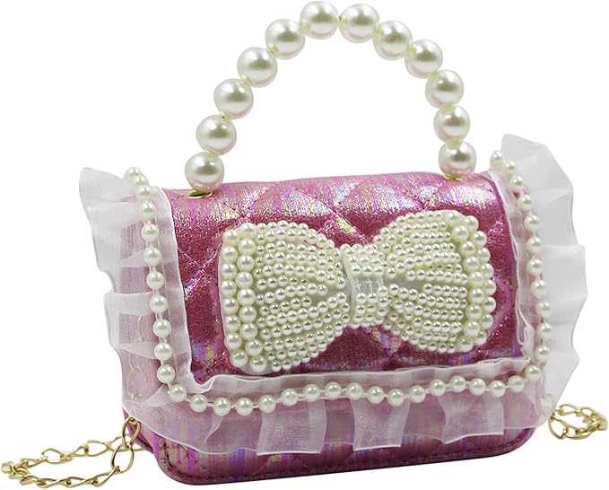 amamcy 公主钱包闪亮蝴蝶结蕾丝手提包斜挎包带珍珠手柄,适合儿童