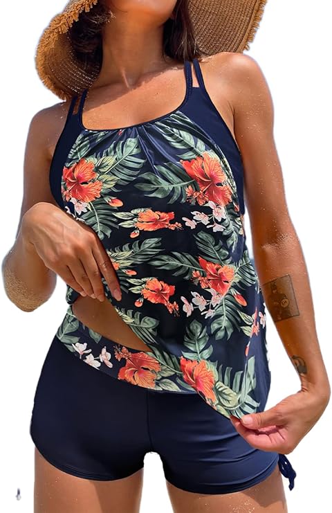 bikinx 女式坦基尼泳衣两件套泳衣适中背心带男孩短裤宽松泳装