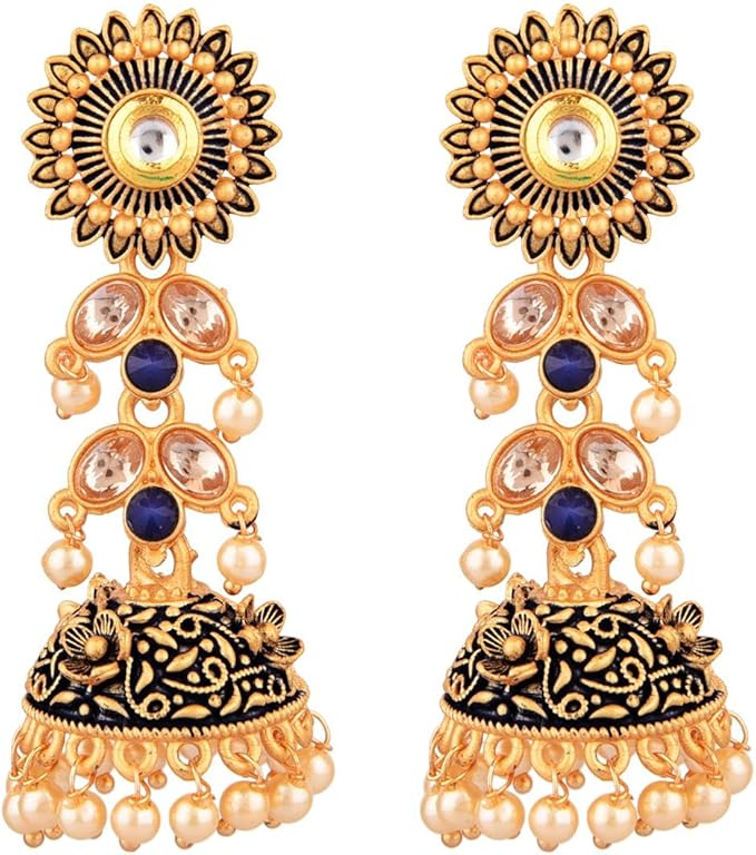 ethnadore 印度珠宝宝莱坞复古水晶昆丹人造珍珠吊坠 jhumki 耳环套装