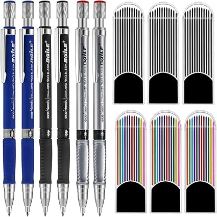 6 支2mm 机械铅笔 含6 支自动铅笔芯 彩色和黑色笔芯 用于绘制 书写 工艺 艺术素描 木工 亚马逊中国 办公用品