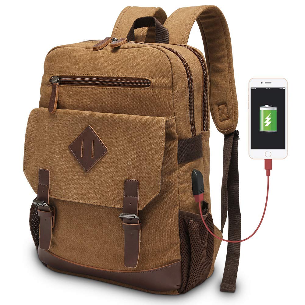 Men's and women's rucksack, vintage backpack fits most 15.6-inch laptops, schoolbag, with USB charging port, brown