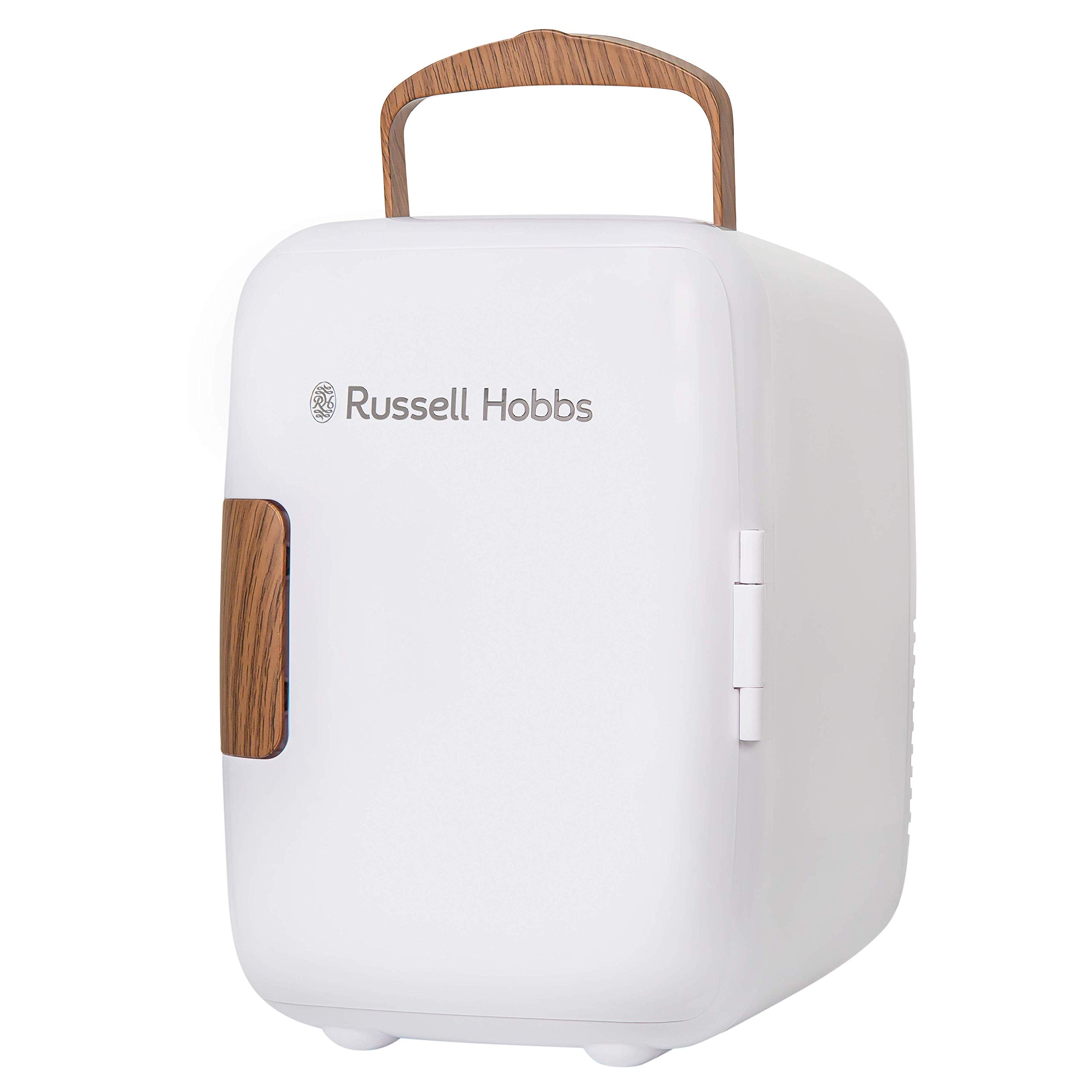 Russell Hobbs RH4CLR00SCW 4 litre /6 can mini portable cooler and heater for beverages, cosmetics/makeup/skin care, AC/DC power supply, Skandy style, white and wood effect, for bedrooms, homes, carava
