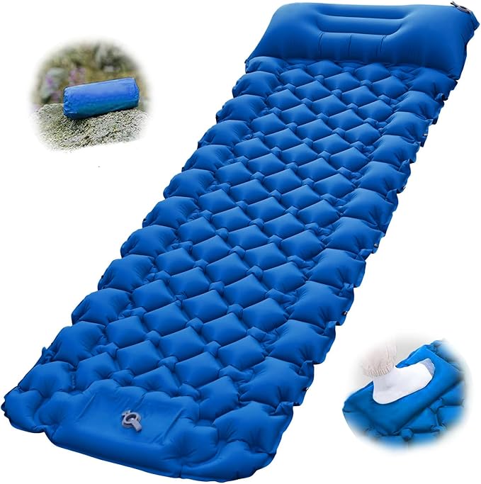 露营睡垫,超轻脚压充气露营垫,内置泵和枕头,便携式防水睡垫,适合露营