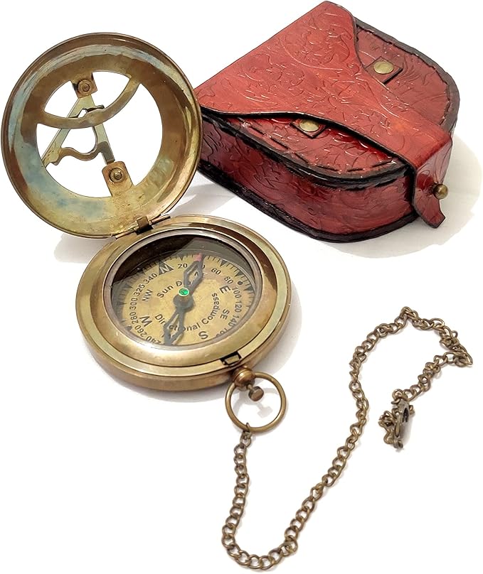 带皮革外壳和链 - 推开式指南针 - 蒸汽朋克配件 - 复古饰面 - 精美