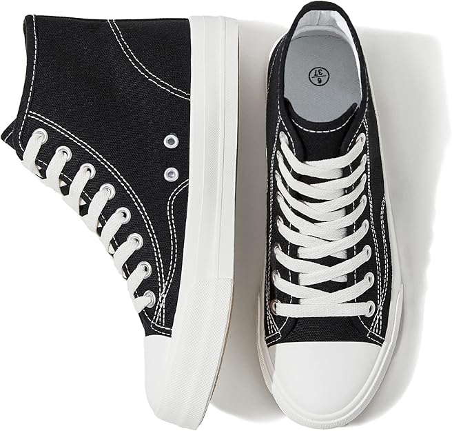 uoidru 女式高帮运动鞋帆布鞋白色帆布高帮女士休闲鞋系带时尚运动鞋