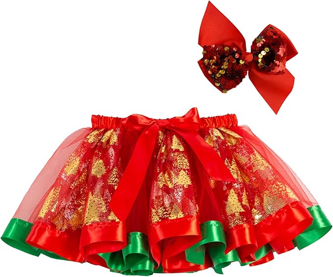 lertree 圣诞服装女孩芭蕾舞短裙花式圣诞派对薄纱印花鹿圣诞树礼服裙