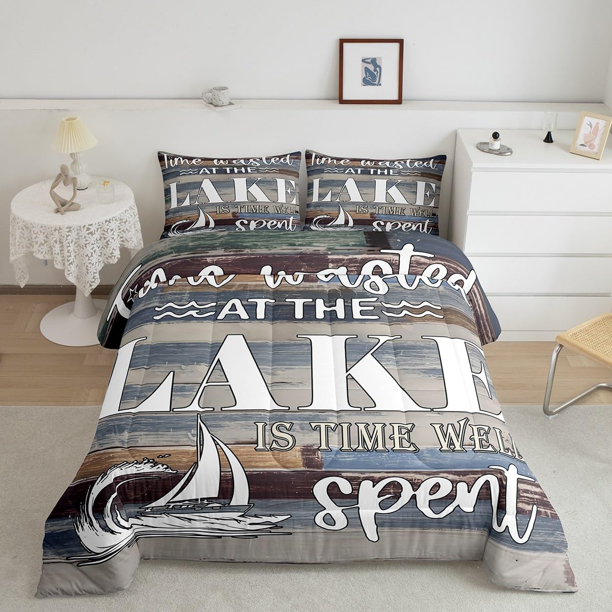 Feelyou Lake House Quilt Set Single Bed Size with 1 pillowcase Country Lake Quilt Vintage wood board bedding set Lake Life quilted duvet set for kids Adult Boys
