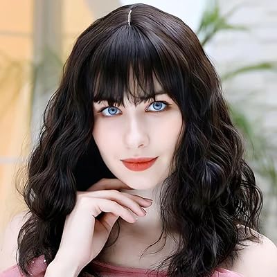 lotfon bob 卷发假发合成短黑色假发带刘海自然外观耐热纤维女士*