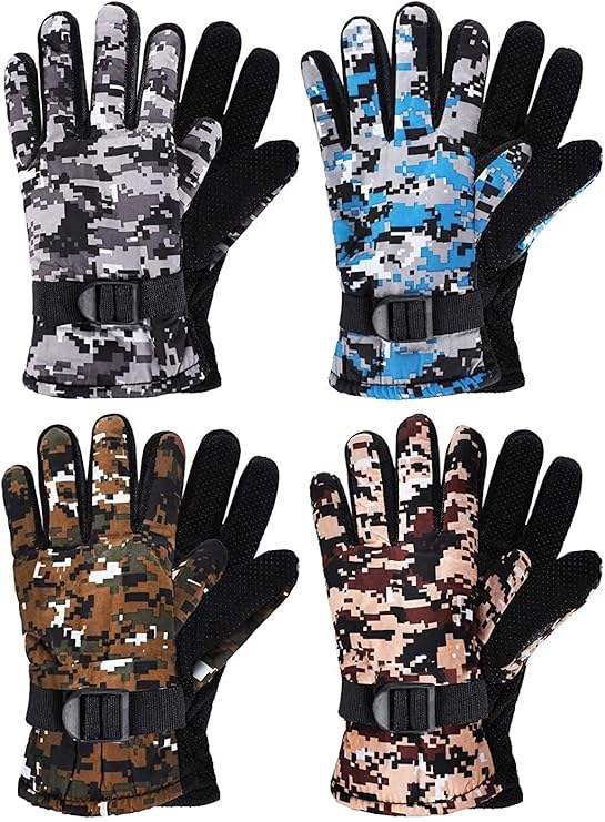 4 双装儿童冬季手套防水滑雪手套保暖中性迷彩手套适合寒冷天气女孩