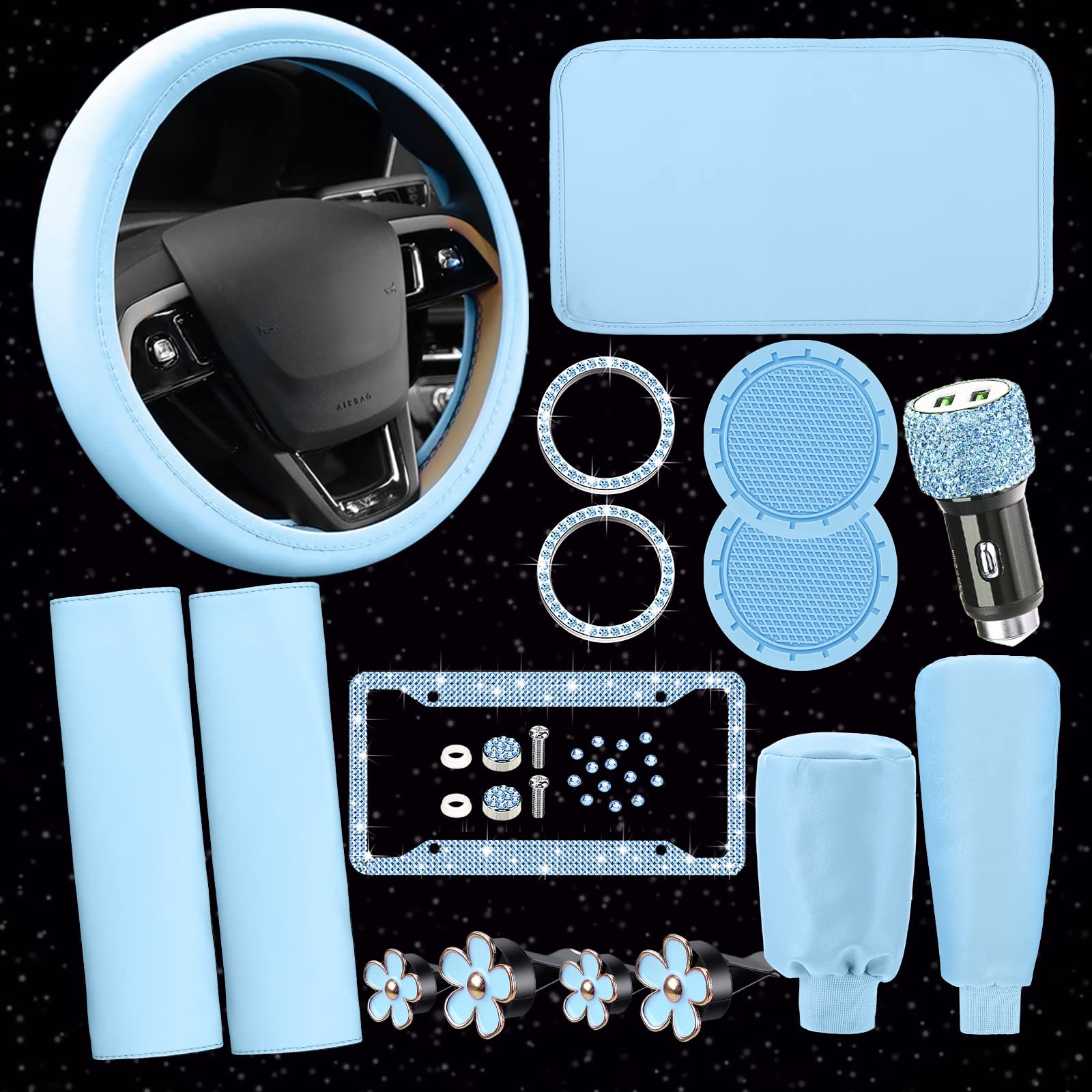 15 car Accessories Set Leather steering wheel cover * With cover center console pad Shiny car ring sticker USB Charger Flower Vent clip (blue)