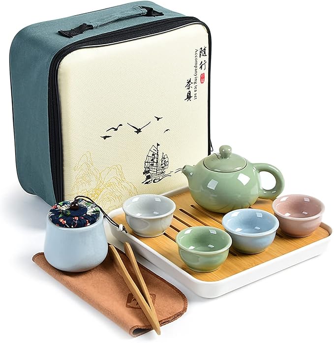 flyzy 中国功夫茶具套装 便携式陶瓷旅行茶具套装 带茶杯,茶壶,茶壶