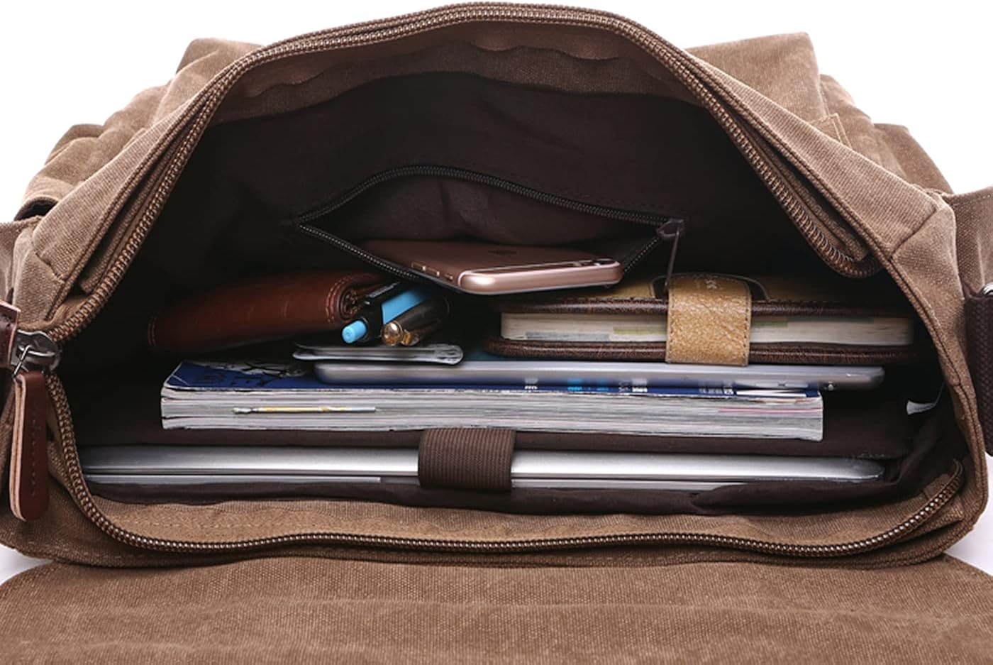 iblue 男士超大号帆布斜挎包,复古皮革饰边单肩包笔记本电脑挎包斜