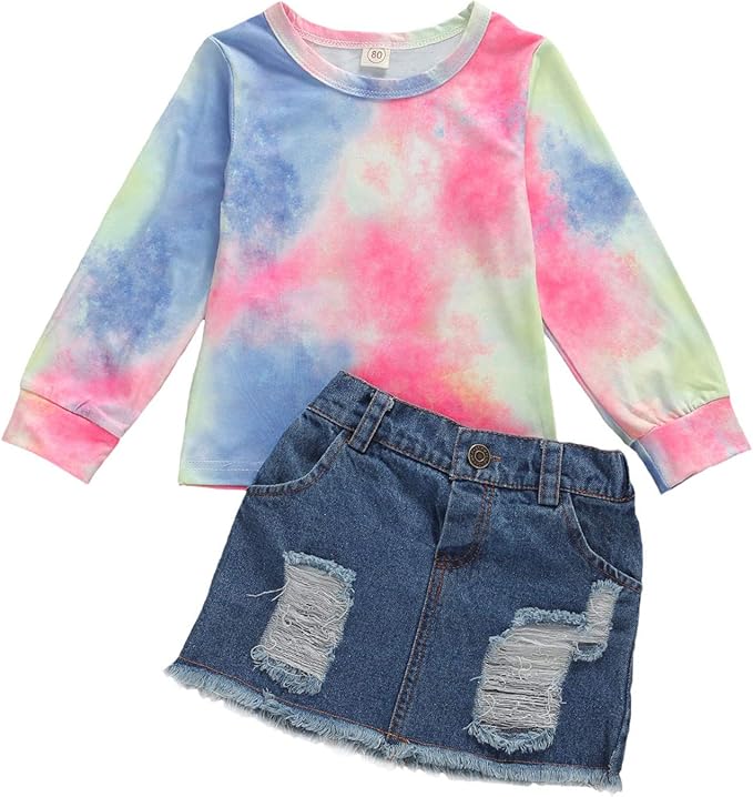 女童服装扎染长袖上衣牛仔裙套装幼儿女孩春秋冬季服装