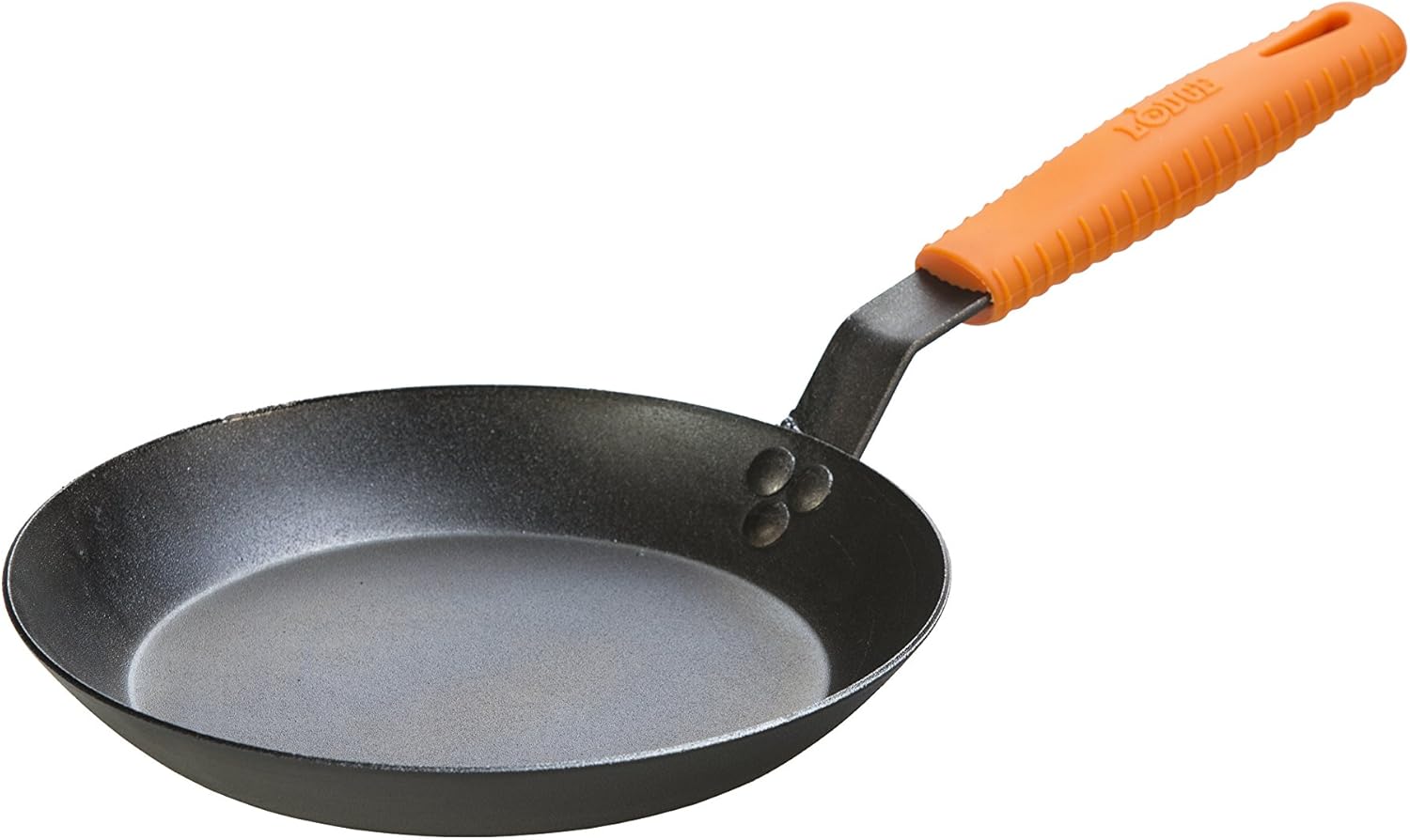 lodge carbon steel skillet with orange silicone hot handle