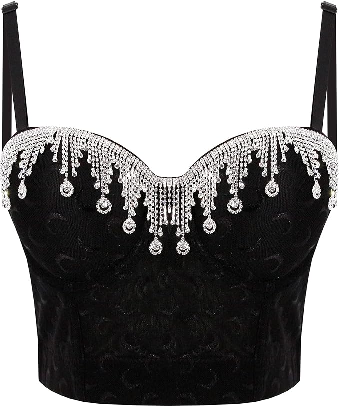 haoohu 水钻流苏紧身胸衣钻石文胸俱乐部装聚拢露脐上衣婚礼派对背心