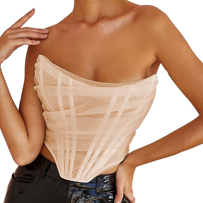 sansoisan 女式复古性感无肩带网眼紧身胸衣露肩拉链后背骨架紧身胸衣