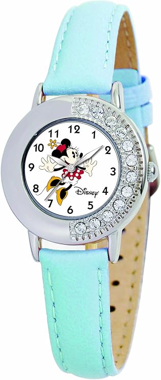 disney 儿童手表孩子石英银质米妮蓝色皮革表带手表