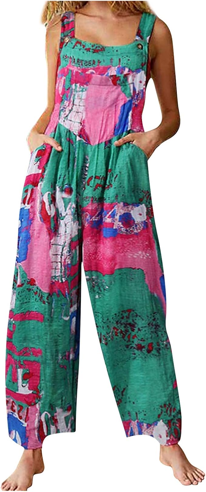 加大码女式连身衣阔腿连身衣女式休闲宽松格子连衣裤连体裤连体夏季