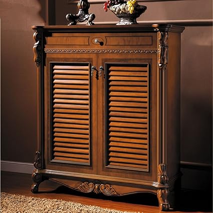 迪邦美式乡村实木鞋柜百叶门储鞋架欧式两门鞋柜红棕色组装 迪邦 价格报价图片