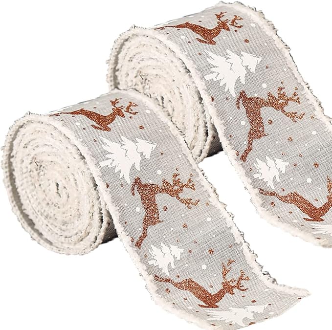2 卷圣诞丝带礼品包装灰色丝带金麋鹿圣诞树设计织物布丝带工艺品圣诞