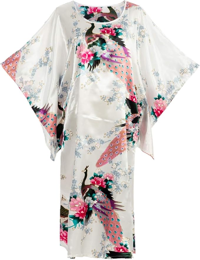 亚洲家居花卉孔雀缎丝绸和服,睡衣,家居服均码,适合大多数睡袍