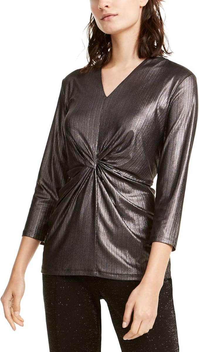 alfani 女式金属扭纹前衬衫, 青铜色深黑色, 中号 【alfani】 服饰