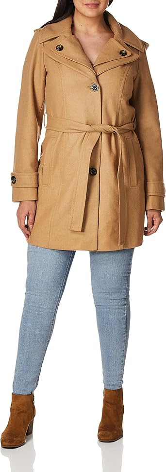 london fog 女式双翻领大腿长度纽扣羊毛外套,带腰带
