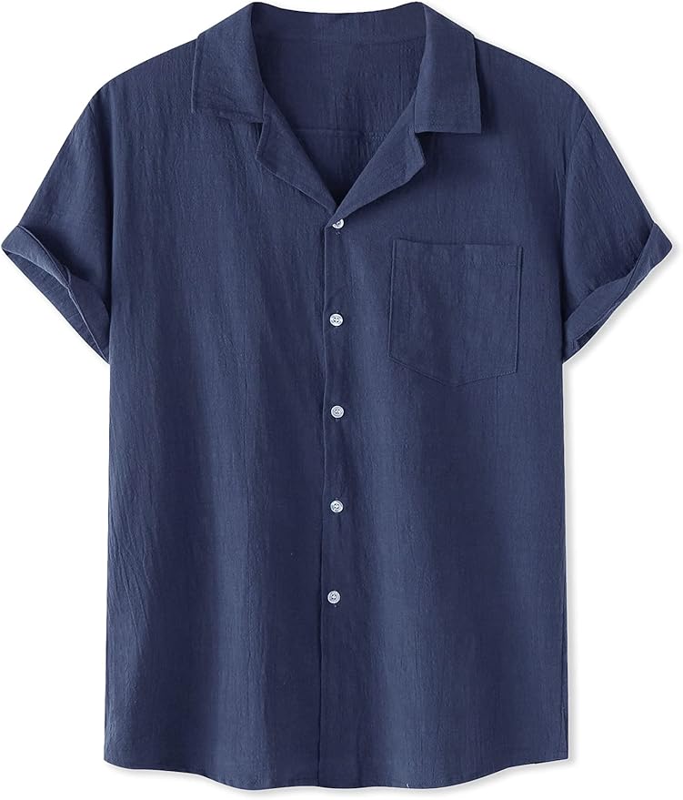 larsamadeus男式亚麻衬衫夏季休闲露营领短袖系扣沙滩衬衫