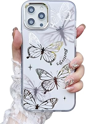 phone 12 pro max 手机壳白色镜面手机壳可爱蝴蝶印花男孩女孩易清洁
