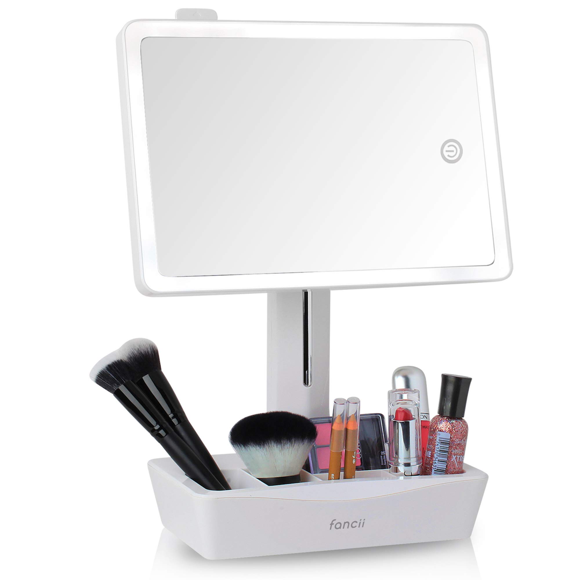 Fancii LED-lit large cosmetic mirror with 10X magnification - Dimmable natural light, touch screen, dual power supply, adjustable stand with makeup storage box - Gala