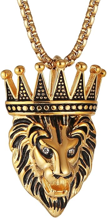 hzman 男式复古银色/金色不锈钢项链嘻哈珠宝皇冠狮子头吊坠