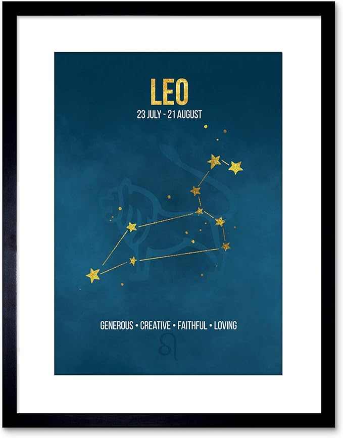 星座标志 生日 天蓝色 leo 镶框艺术印刷品 黑色 9 x 7 inc - 22.