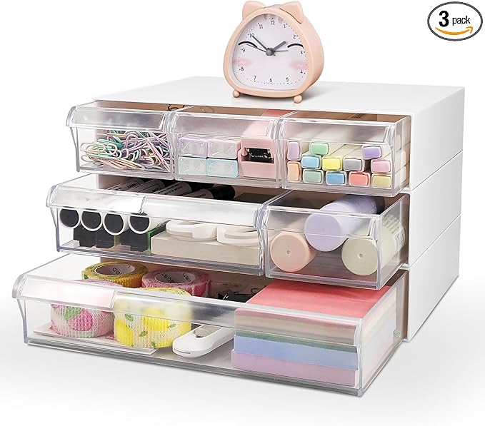 办公桌收纳盒,带 6 个透明抽屉,3 件装桌面办公用品,可堆叠办公室储物抽