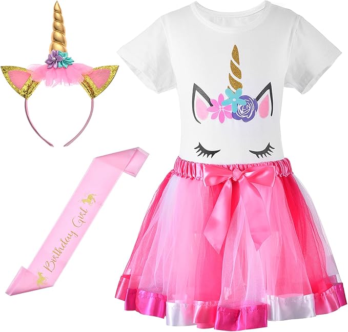 tutu dreams 4 件套女孩独角兽服装 t 恤带彩虹蓬蓬裙独角兽头带生日