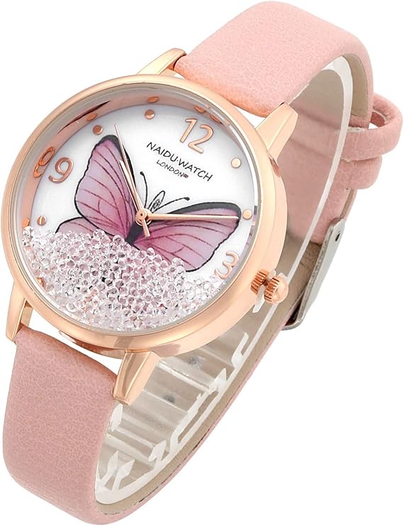 top plaza 女式时尚皮革腕表优雅简约蝴蝶浮动水钻模拟石英礼服手表