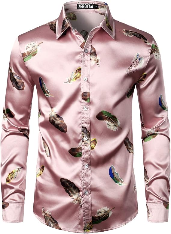 zeroyaa 男式奢华印花丝绸缎面系扣礼服衬衫,适合派对舞会 zlcl15